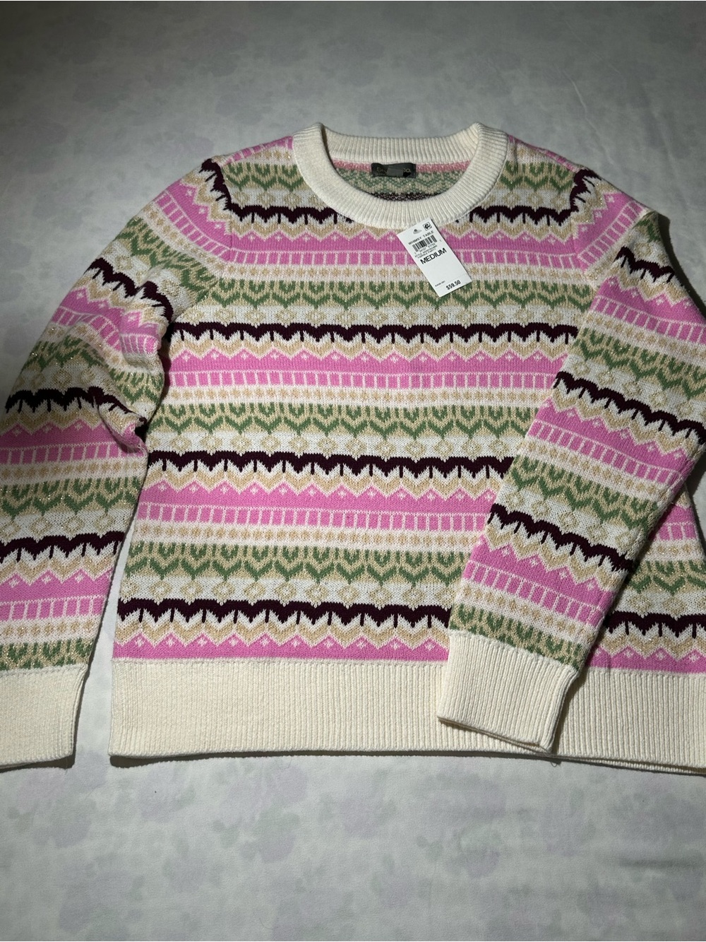 Style & Co Women's Knit Sweater Beige W/ Multicor & Gold Designer Size Medium